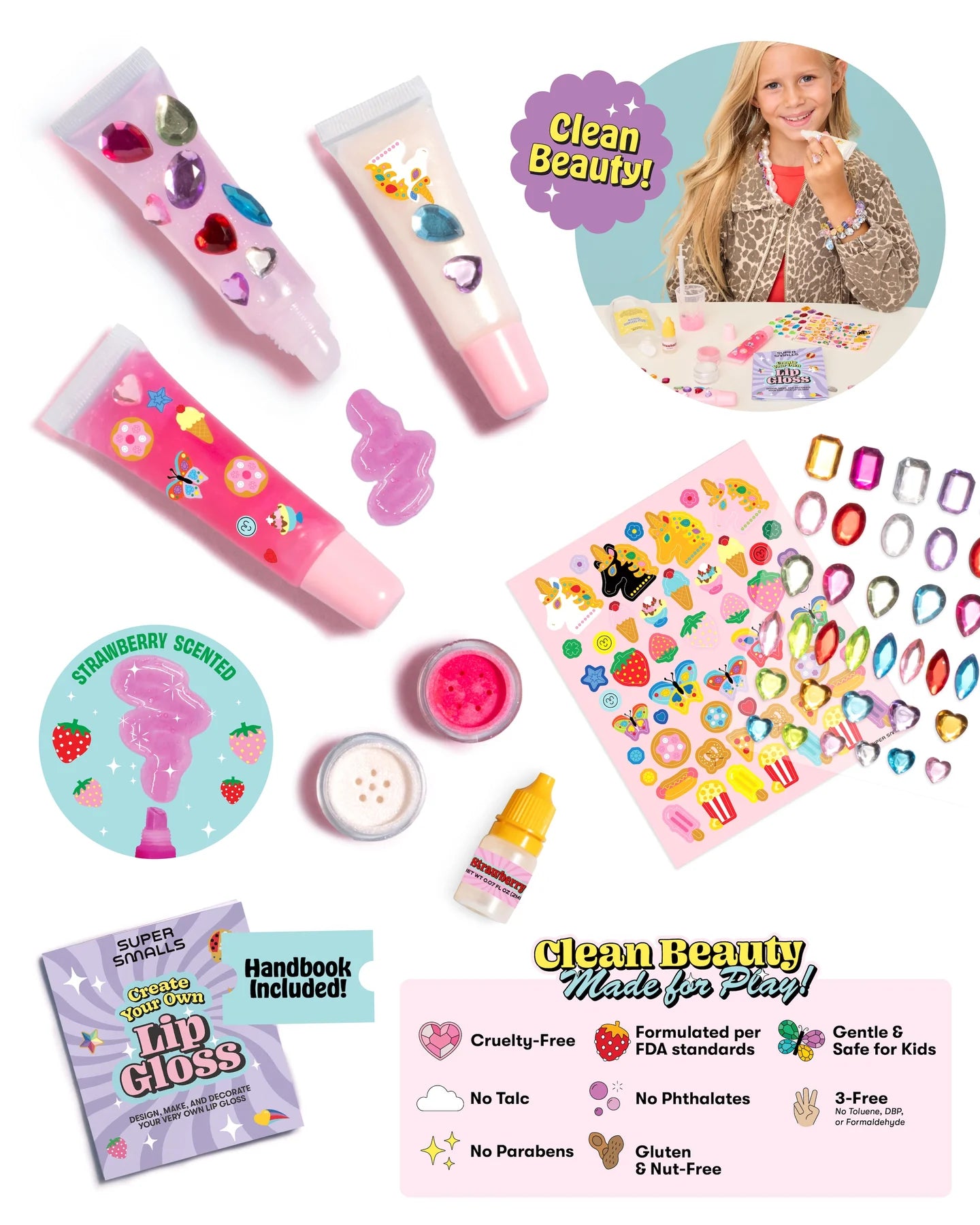 Flat lay of the Super Smalls Create Your Own Lip Gloss kit, featuring tubes, stickers, an applicator, glitter, and an instruction booklet. The image includes a smiling child decorating with stickers. Labels emphasize kid-safe ingredients and clean beauty features.
