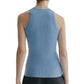 A person is shown from the back against a white background, wearing the Lisa Yang Amya Tank in light blue paired with black pants.