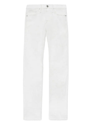 The Frame L'Homme Slim jeans feature a mid rise, straight leg, five-pocket design and button closure in white, shown against a white background.