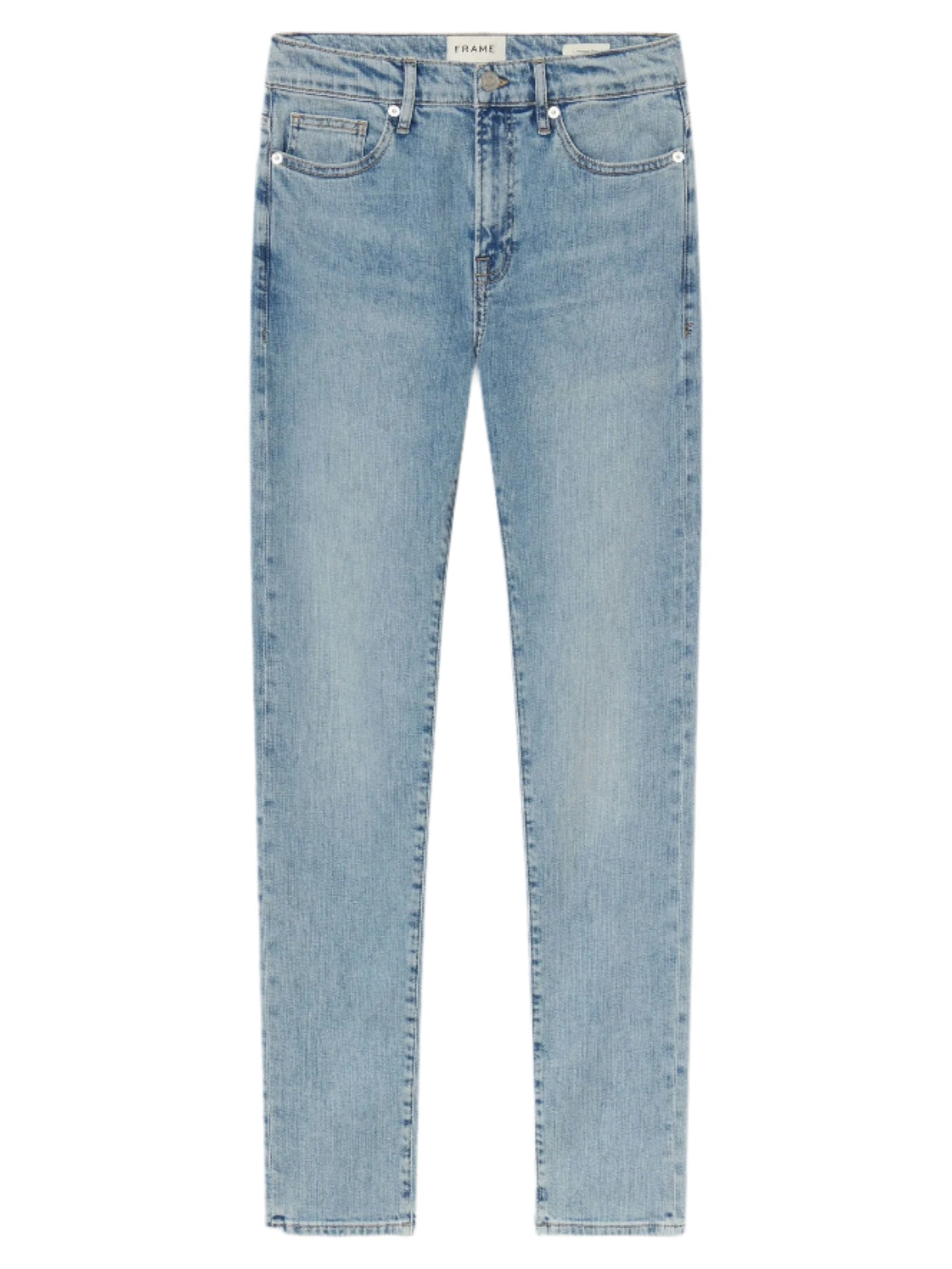 A pair of L'Homme Slim Denim jeans by Frame in light blue wash, featuring a straight-leg cut, five pockets, and button closure, crafted from Structured Stretch denim and displayed flat on a white background.