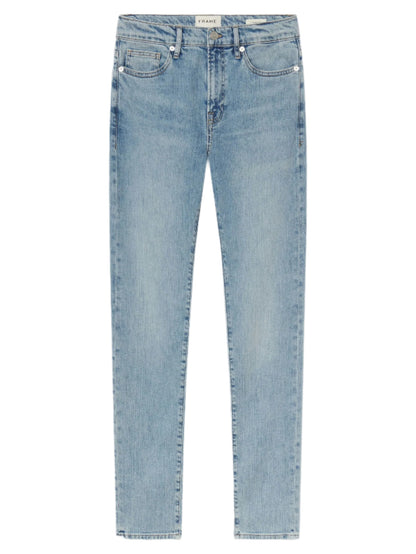 A pair of L'Homme Slim Denim jeans by Frame in light blue wash, featuring a straight-leg cut, five pockets, and button closure, crafted from Structured Stretch denim and displayed flat on a white background.