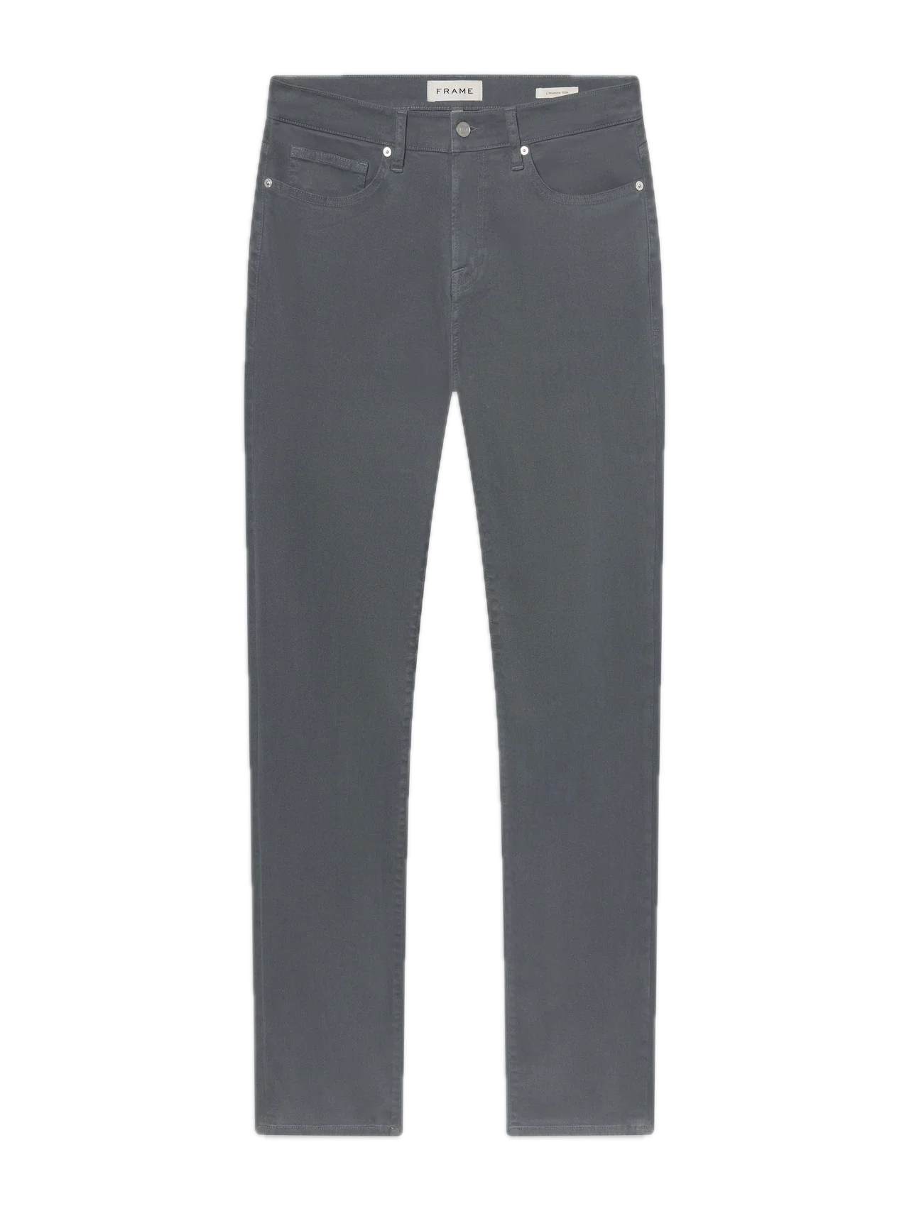 Flat lay of the L’Homme Slim jeans by Frame—a pair of slim straight-leg gray denim jeans with five pockets and belt loops, tailored for a refined fit—displayed on a white background.