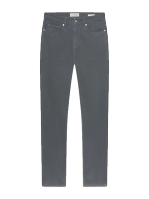 Flat lay of the L’Homme Slim jeans by Frame—a pair of slim straight-leg gray denim jeans with five pockets and belt loops, tailored for a refined fit—displayed on a white background.