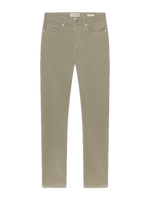 L’Homme Slim jeans by Frame in beige, tailored in a slim-fit silhouette from brushed twill, featuring five pockets, belt loops, and a button closure, displayed flat on a white background.