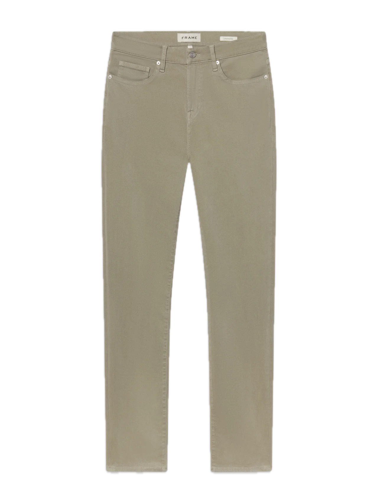 L’Homme Slim jeans by Frame in beige, tailored in a slim-fit silhouette from brushed twill, featuring five pockets, belt loops, and a button closure, displayed flat on a white background.