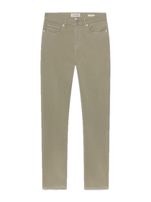 L’Homme Slim jeans by Frame in beige, tailored in a slim-fit silhouette from brushed twill, featuring five pockets, belt loops, and a button closure, displayed flat on a white background.