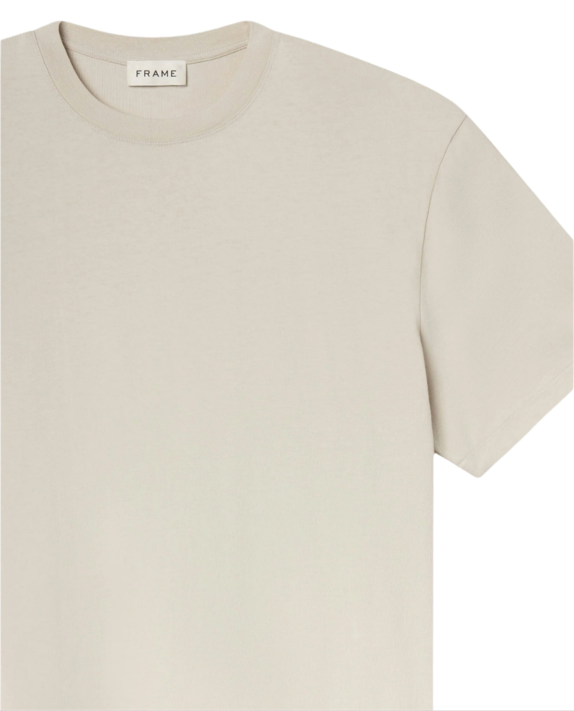 The Logo Tee by Frame is a beige, short-sleeve crewneck made from premium cotton with a round neckline and an inside collar label featuring the brand name.