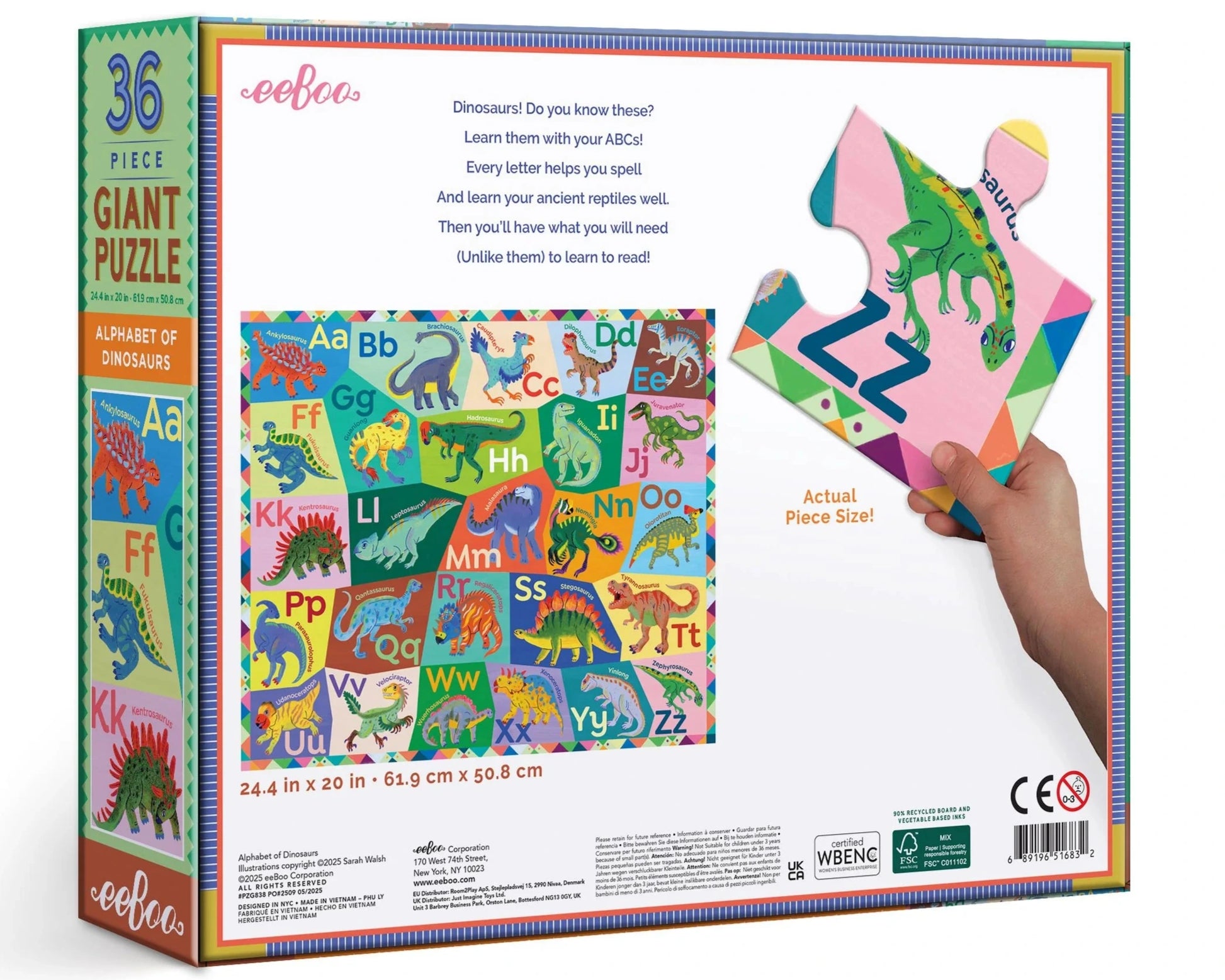 Back of the Eeboo Alphabet of Dinosaurs 36 Piece Giant Puzzle box displays a colorful puzzle image, description, and a hand holding a big "Z" dinosaur piece, all with Sarah Walsh’s vibrant artwork.