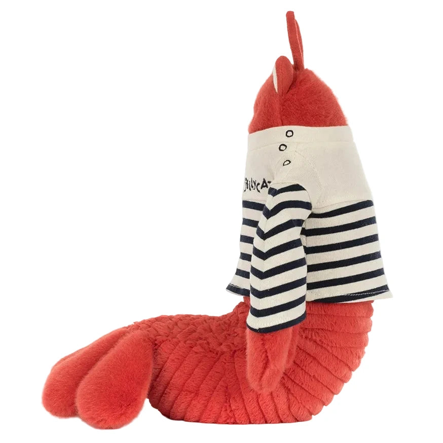 The Jellycat Larry Lobster Sailor Outfit is a red plush lobster toy dressed in a black and white striped shirt with a white collar, shown sitting upright on a white background.