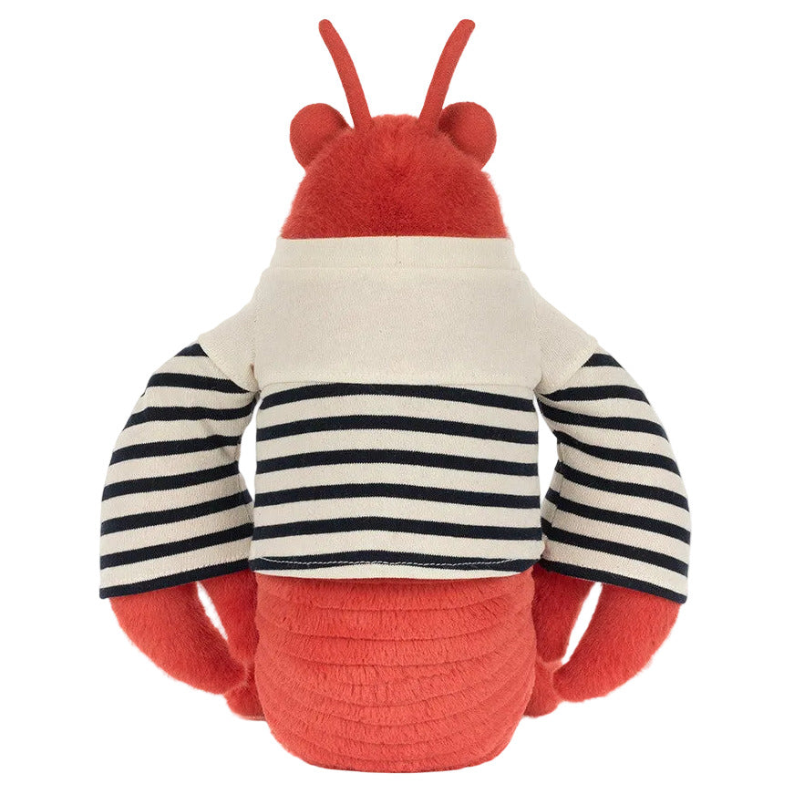 The Jellycat Larry Lobster Sailor Outfit features a red plush lobster in a white and black striped shirt, shown from the back—perfect for playful nautical adventures.