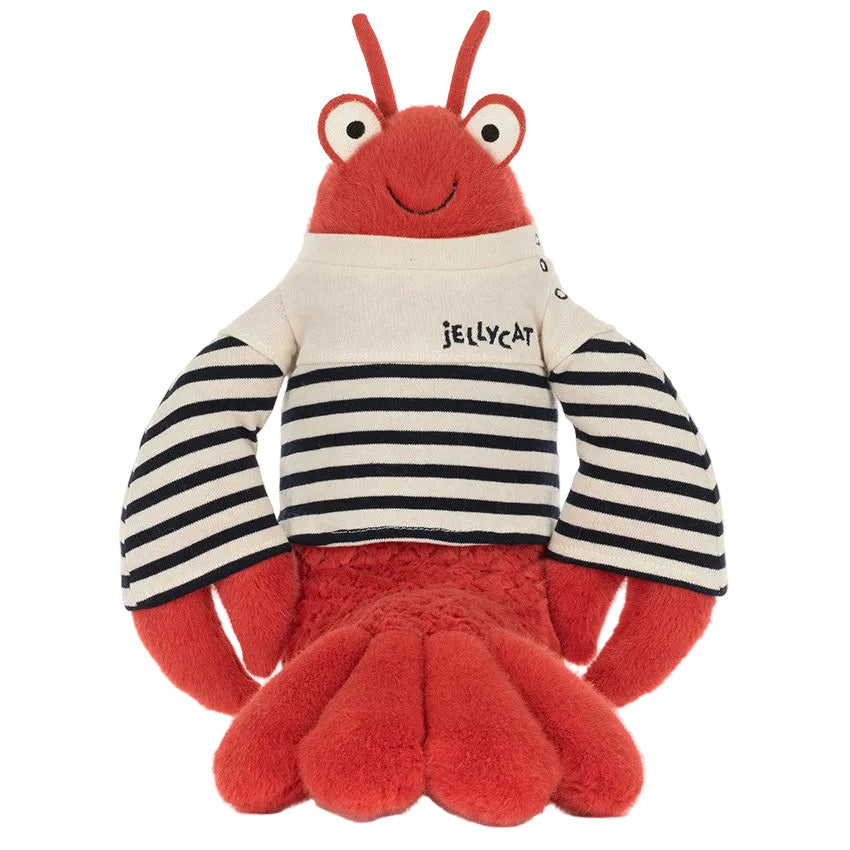 Meet Larry Lobster Sailor Outfit by Jellycat—a red plush lobster dressed in a white and black striped sweater, perfect for nautical adventures.