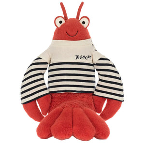 Meet Larry Lobster Sailor Outfit by Jellycat—a red plush lobster dressed in a white and black striped sweater, perfect for nautical adventures.