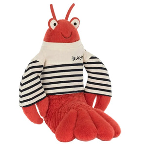 Larry Lobster Sailor Outfit by Jellycat: a plush lobster in a white and black striped sailor shirt, perfect for nautical fun.