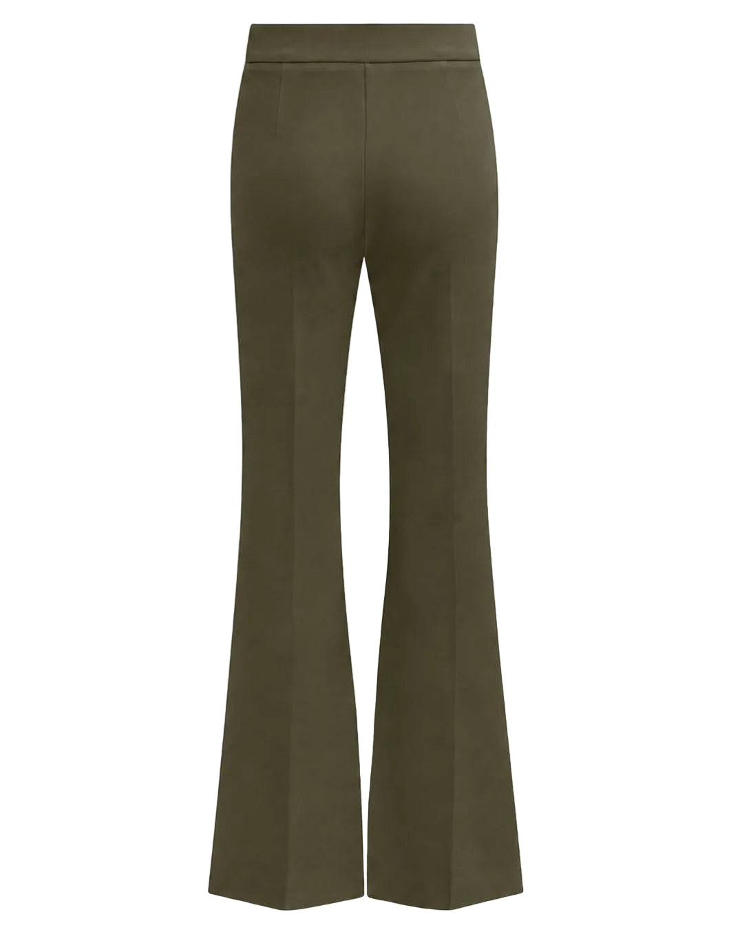 Back view of the Lola Pant by Callas Milano in a high-waisted olive green design, crafted from stretch crepe fabric with flared legs, visible seam lines, and a clean finish with no pockets or belt loops.