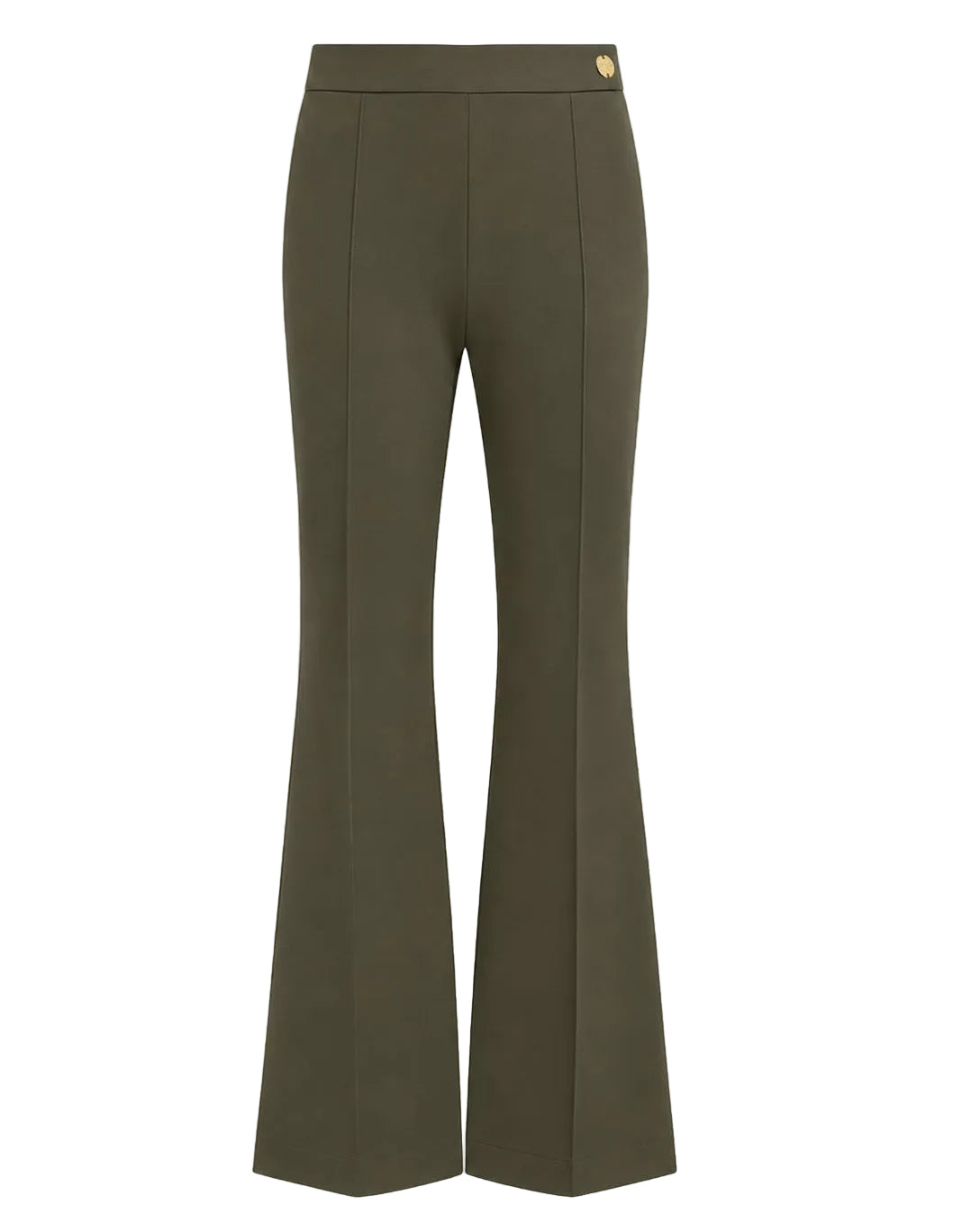 The Lola Pant by Callas Milano features an olive green hue in a high-rise, cropped flared trouser silhouette with front seam detailing and a small gold emblem on the waistband. Crafted from stretch crepe, these pants offer contemporary style and comfort.