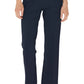 A person is wearing a blue button-up shirt, Callas Milano's Lola Pant in black, and silver open-toe heels, standing against a plain white background.