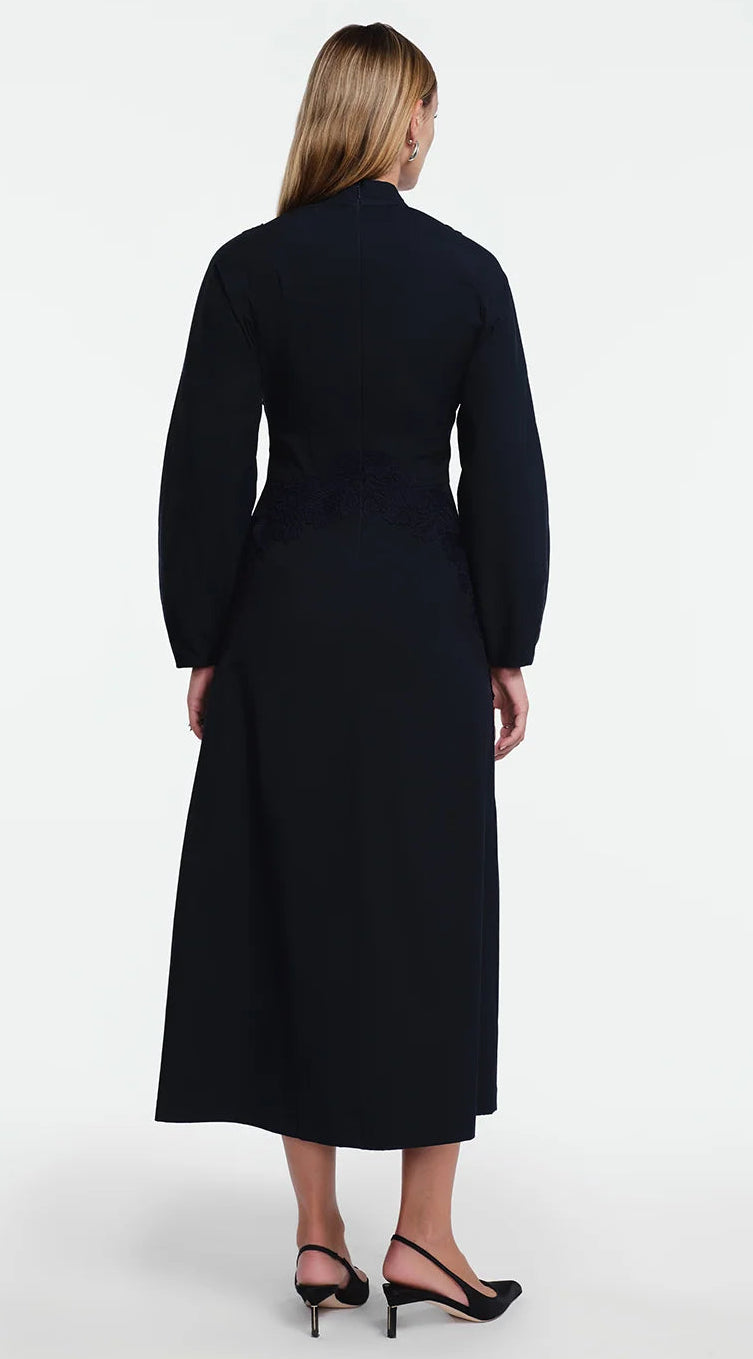 Back view of a black Lela Rose Macrame Lace Detail Dress in cotton poplin, featuring a high neckline, macrame lace waist detailing, and an A-line midi silhouette.