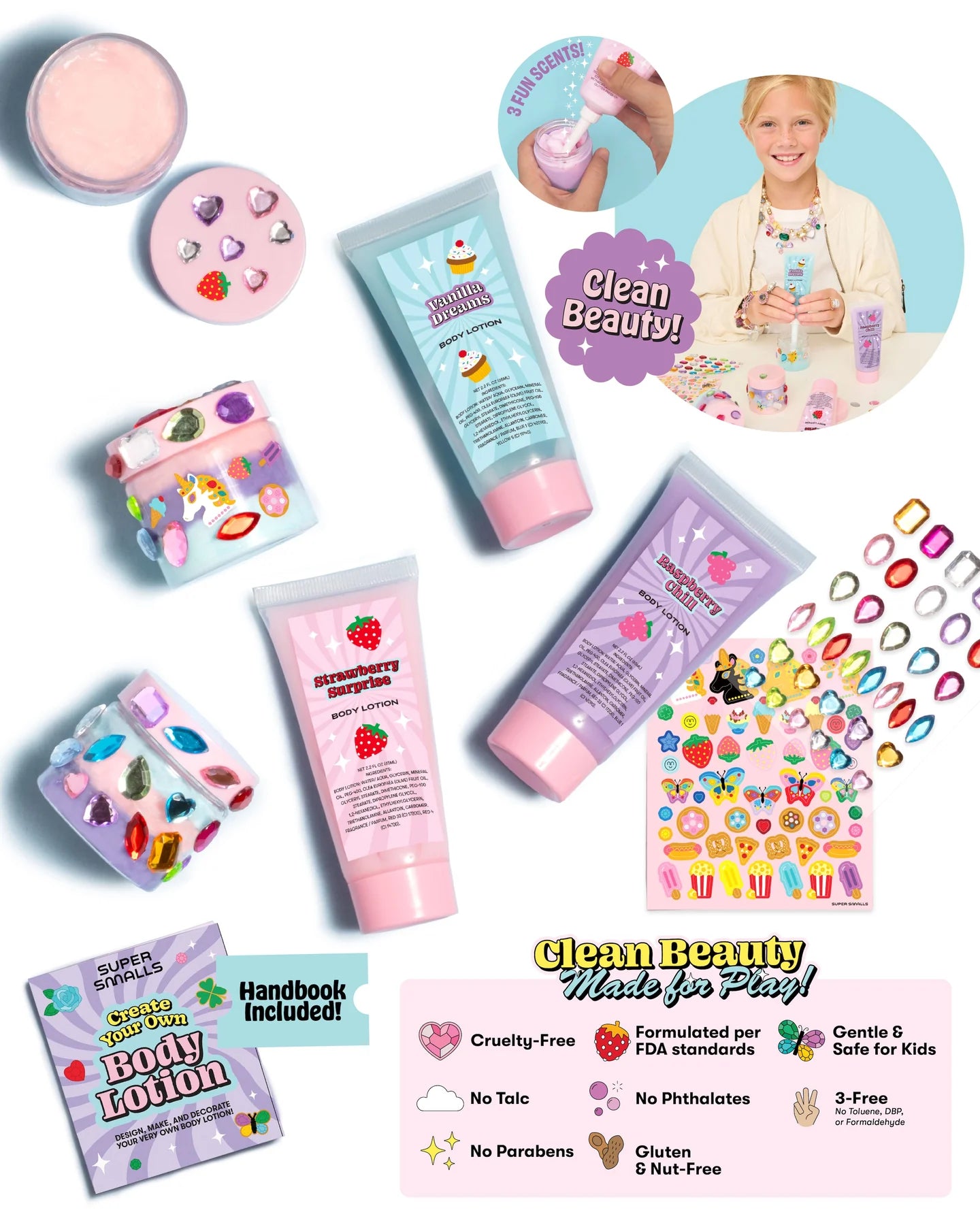 Flat lay of the Super Smalls Create Your Own Body Lotion kit, featuring kid-safe lotion tubes, sparkling nail gems, and a child modeling the products. The vibrant packaging highlights cruelty-free, non-toxic, and allergen-free qualities—making this Super Smalls kit perfect for safe and creative self-care fun.