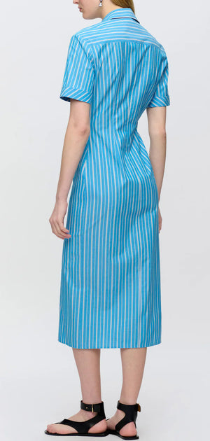 A person shown from the back wears the Callas Milano Lou Dress—a blue and white vertically striped, short-sleeve, midi shirt dress in Italian cotton twill—paired with black sandals.