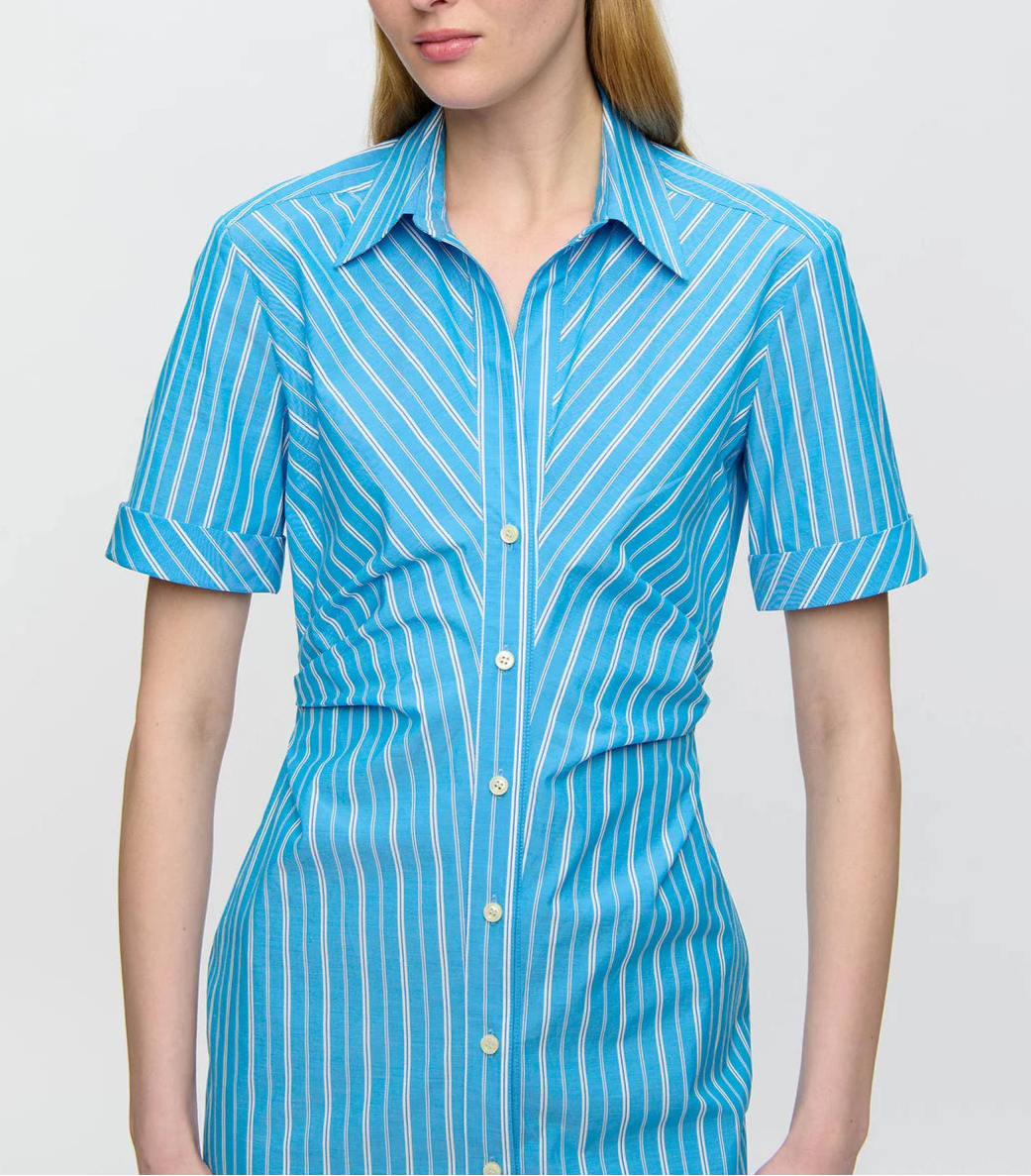 A person wearing the Lou Dress by Callas Milano, featuring blue and white stripes in Italian cotton twill, with short sleeves and a collar, stands against a plain background.
