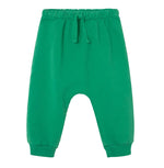 Cozmo Baby Louis Fleece Pants with an elastic waistband, drawstring, and ribbed cuffs in green, displayed on a white background—perfectly comfortable toddler pants for everyday wear.