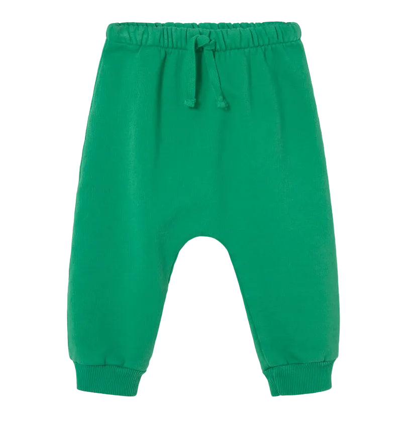 Cozmo Baby Louis Fleece Pants with an elastic waistband, drawstring, and ribbed cuffs in green, displayed on a white background—perfectly comfortable toddler pants for everyday wear.