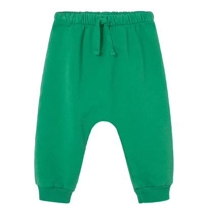 Cozmo Baby Louis Fleece Pants with an elastic waistband, drawstring, and ribbed cuffs in green, displayed on a white background—perfectly comfortable toddler pants for everyday wear.
