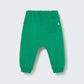 Cozmo’s Baby Louis Fleece Pants—green toddler sweatpants featuring an elastic waistband, cuffed ankles, and a single patch pocket on the back right side—are displayed on a plain light background.