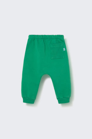 Cozmo’s Baby Louis Fleece Pants—green toddler sweatpants featuring an elastic waistband, cuffed ankles, and a single patch pocket on the back right side—are displayed on a plain light background.