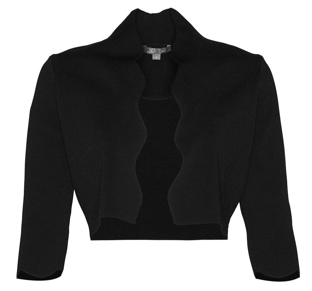 A black Lela Rose Scallop Trim Knit Bolero, featuring long sleeves and a ruffled open front design, laid flat on a plain background, showcases elegant scalloped edges.