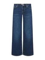 The Frame Low Rise Le Slim Palazzo jeans feature a wide-leg silhouette, front pockets, belt loops, contrast stitching, a flattering 9" rise, and are showcased against a white background.