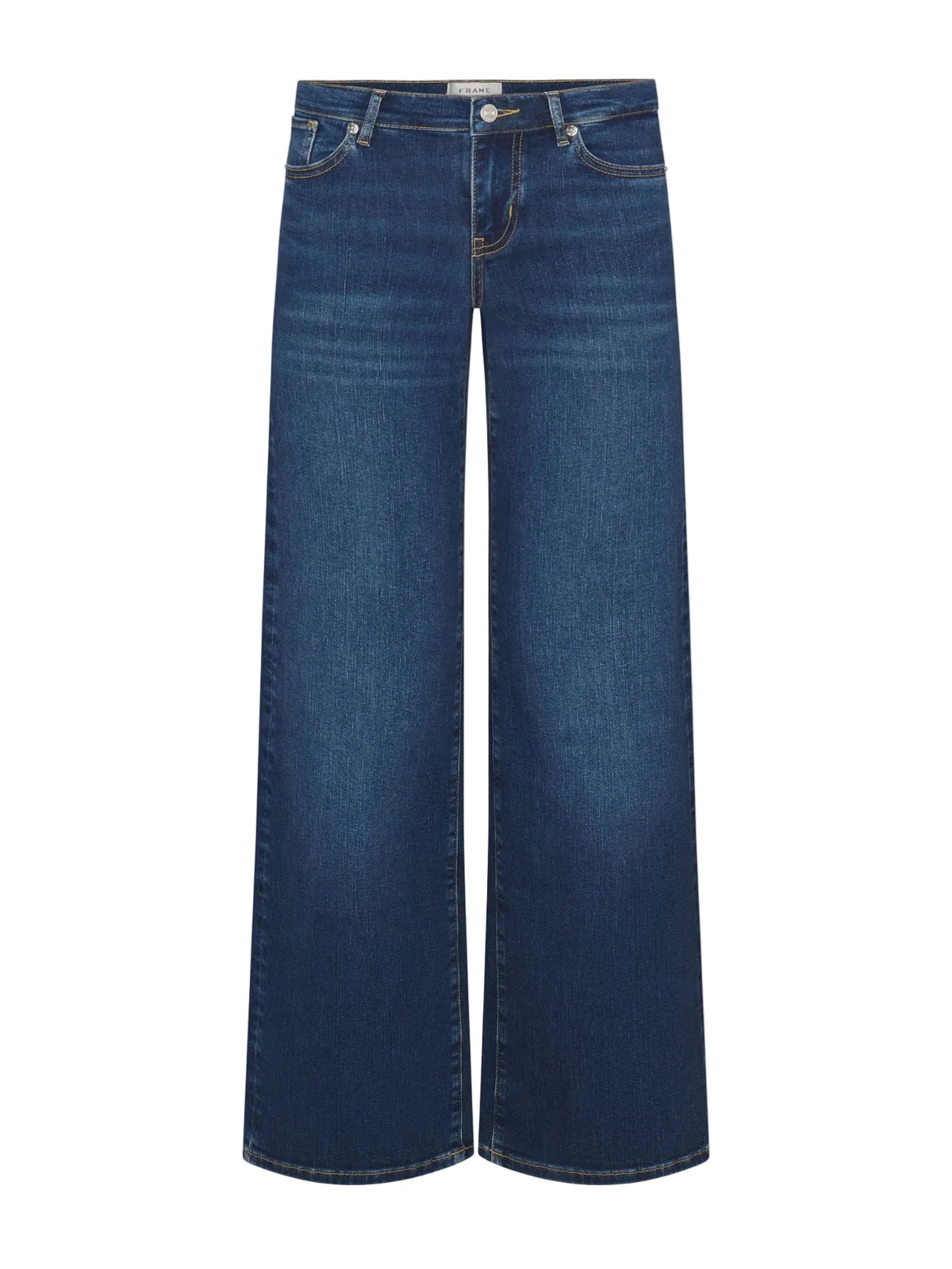 The Frame Low Rise Le Slim Palazzo jeans feature a wide-leg silhouette, front pockets, belt loops, contrast stitching, a flattering 9" rise, and are showcased against a white background.