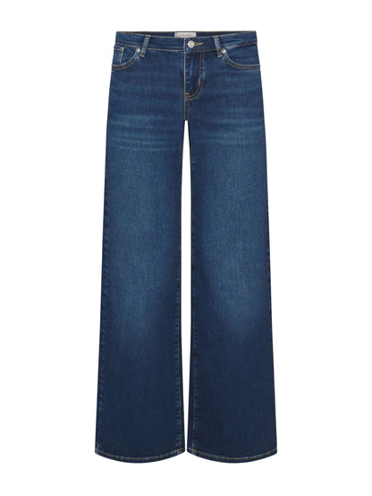 The Frame Low Rise Le Slim Palazzo jeans feature a wide-leg silhouette, front pockets, belt loops, contrast stitching, a flattering 9" rise, and are showcased against a white background.