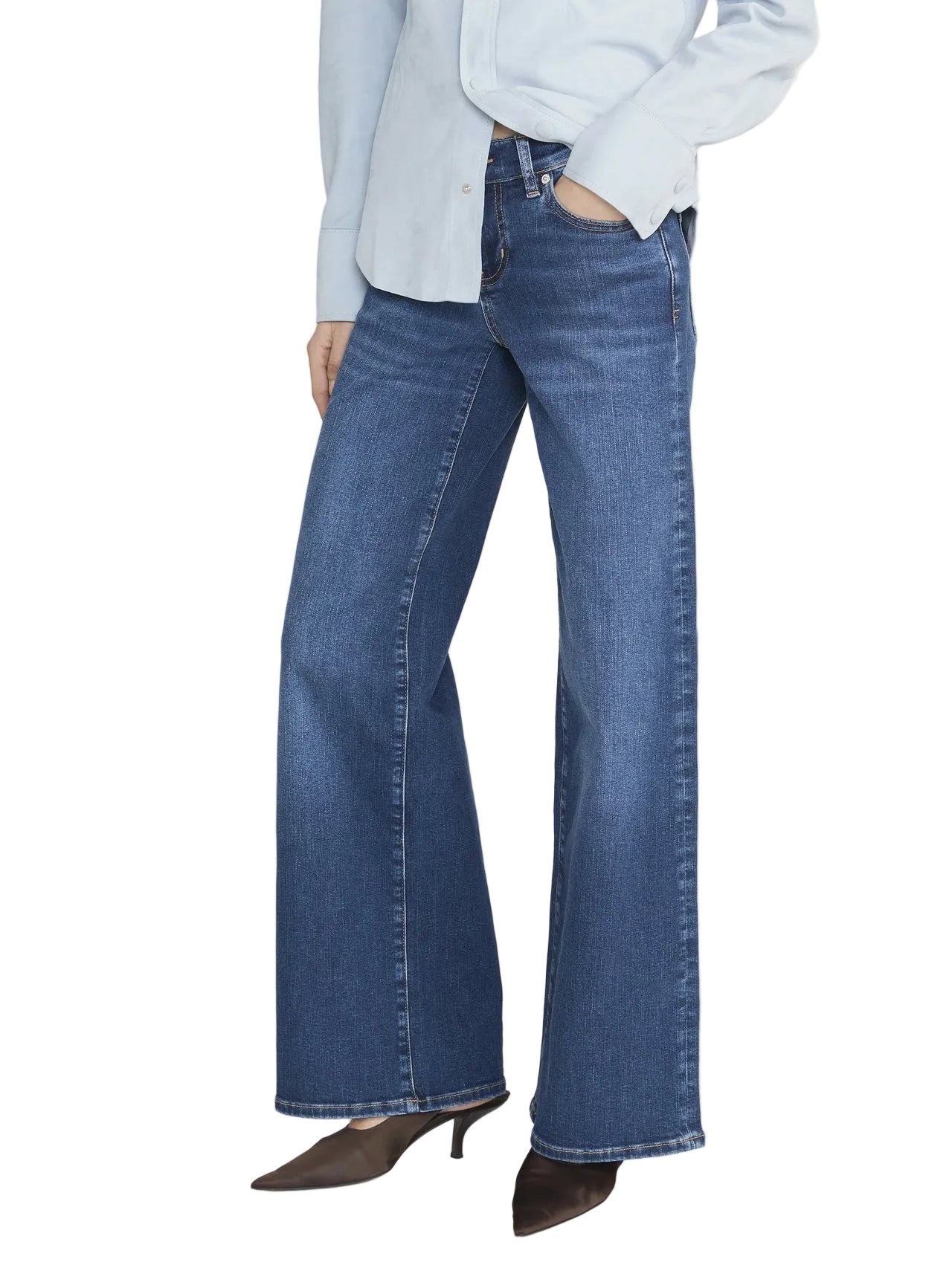 Person wearing a light blue button-up shirt, Frame Low Rise Le Slim Palazzo women's jeans, and brown heeled shoes, standing against a white background.