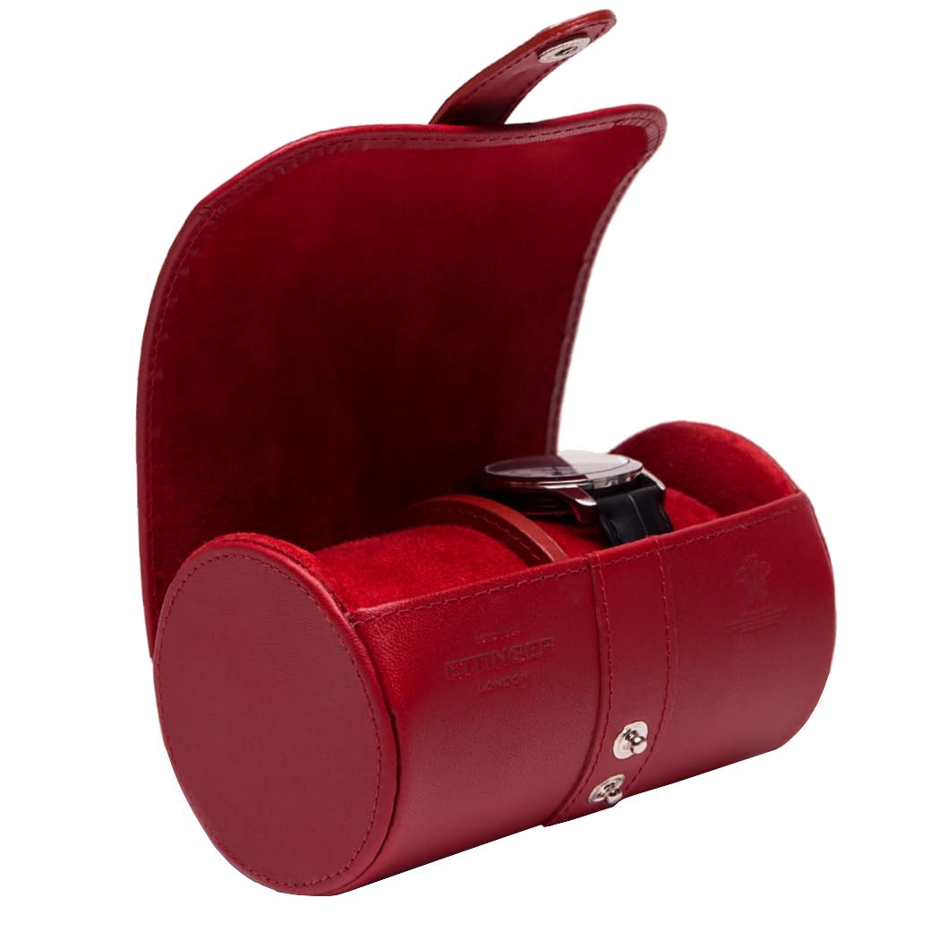 Ettinger's Lifestyle Leather Double Watch Roll in red features a snap closure and includes a watch with a black strap.