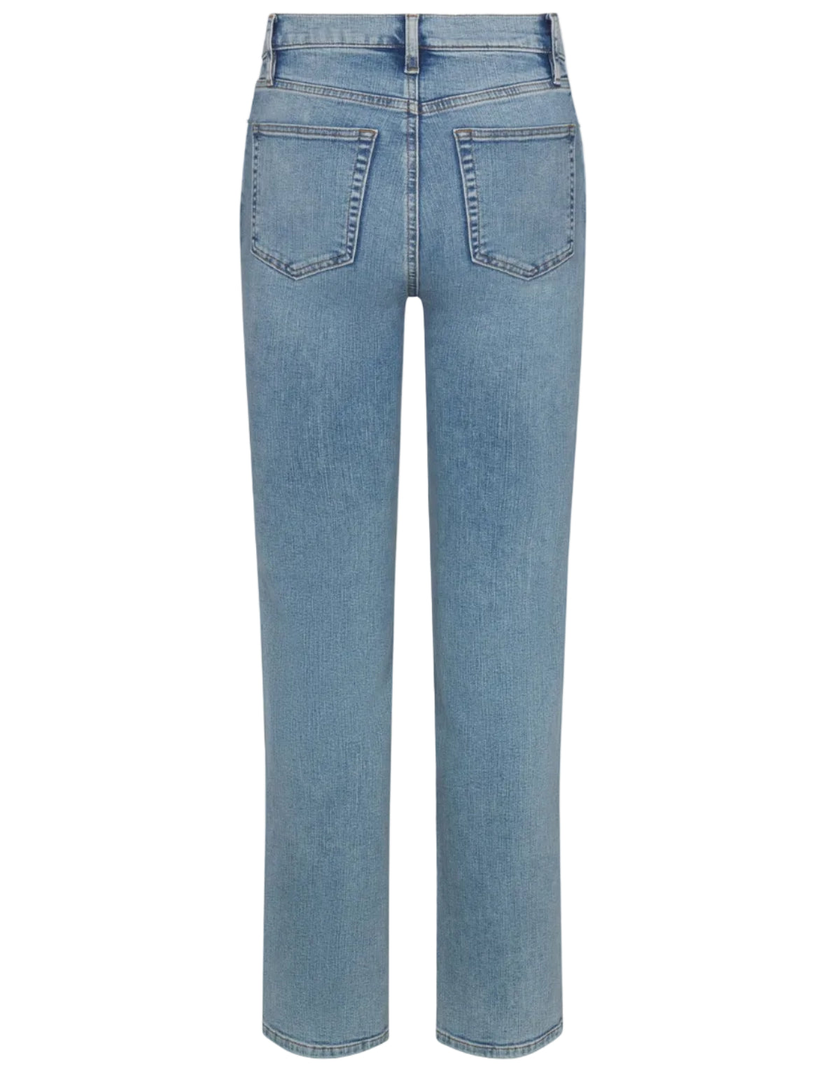 Back view of the Frame Le Sleek Straight high-rise, light blue straight-leg jean featuring two rear pockets and belt loops in super stretch denim.