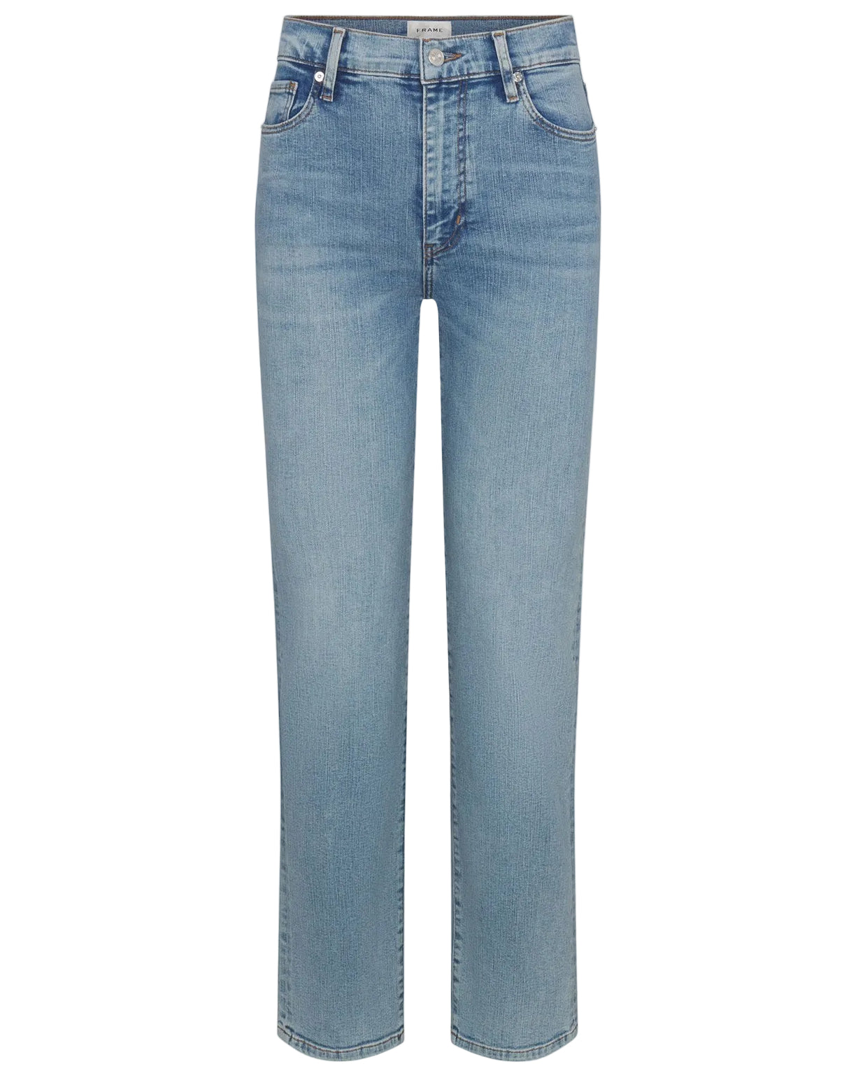 The Frame Le Sleek Straight is a light blue, high-rise, straight-leg jean made from super stretch denim with a front zipper, button closure, and classic five-pocket design, shown on a white background.