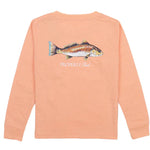 Introducing the Properly Tied Baby Signature Long Sleeve Shirt in a charming peach hue, crafted from luxurious Pima Cotton. This shirt showcases a classic fish illustration on the back along with "PROPERLY tied" text.