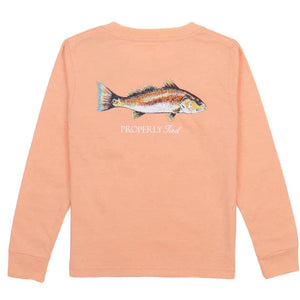 Introducing the Properly Tied Baby Signature Long Sleeve Shirt in a charming peach hue, crafted from luxurious Pima Cotton. This shirt showcases a classic fish illustration on the back along with "PROPERLY tied" text.