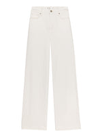 The Le Slim Palazzo by Frame is a high-rise, wide-leg white pant with front and back pockets, button and zipper closure, crafted from sustainable cotton and shown flat on a white background.