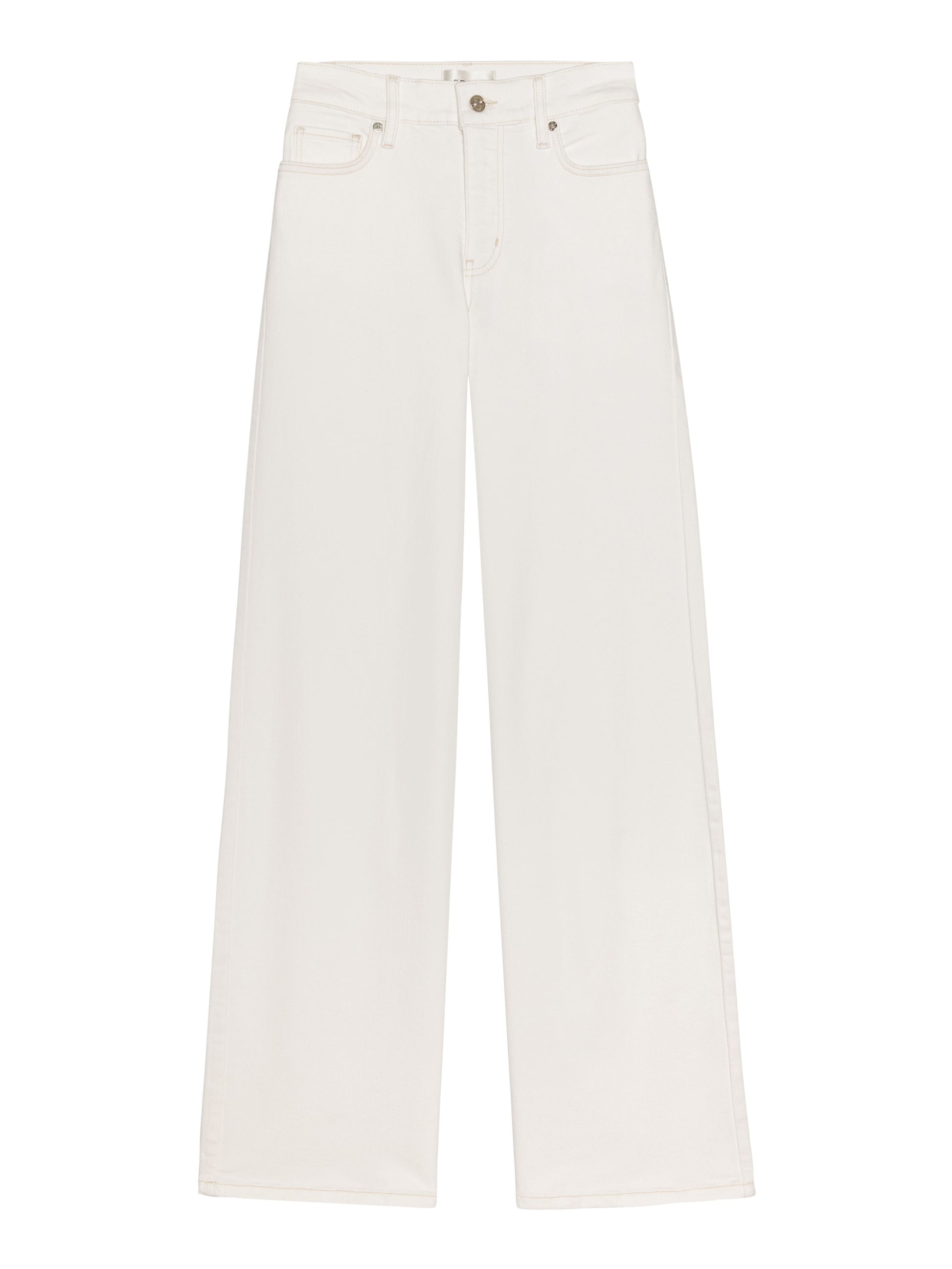 The Le Slim Palazzo by Frame is a high-rise, wide-leg white pant with front and back pockets, button and zipper closure, crafted from sustainable cotton and shown flat on a white background.