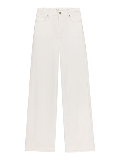 The Le Slim Palazzo by Frame is a high-rise, wide-leg white pant with front and back pockets, button and zipper closure, crafted from sustainable cotton and shown flat on a white background.