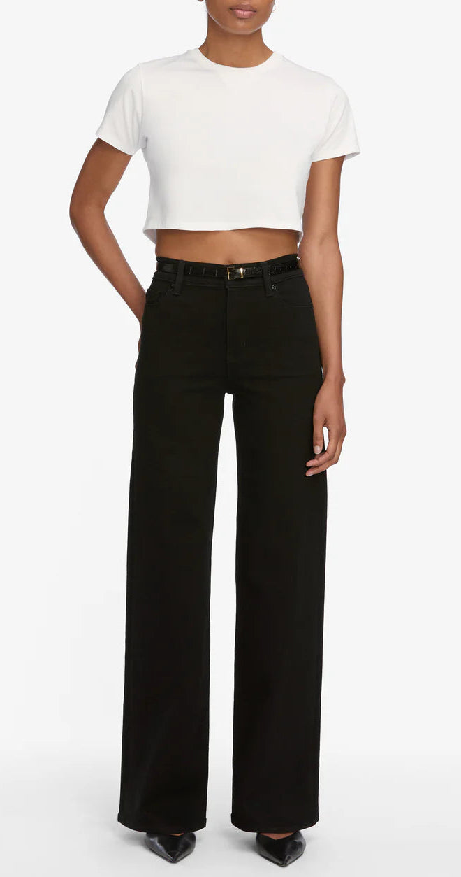 A person is wearing a fitted white cropped T-shirt, Frame’s Le Slim Palazzo high rise black pants, and black pointed shoes, standing against a plain white background.