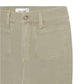 Close-up of the waist and upper thigh of beige Le Slim Palazzo Modernist Pocket jeans by Frame, featuring front pockets, belt loops, button closure, and FRAME label inside. Made from ultra stretch cotton blend for comfort.