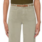 A person wears Frame’s Le Slim Palazzo Modernist Pocket light khaki high-rise pants with front pockets, paired with a brown belt and a dark green short-sleeve top.