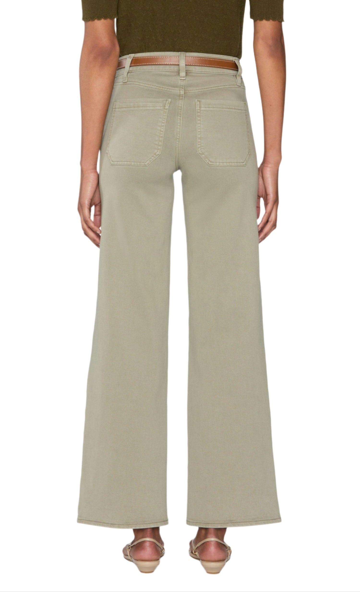 Model wears Frame's Le Slim Palazzo Modernist Pocket high-rise wide-leg jeans in light beige, styled with a brown belt and heeled sandals, shown from the back against a plain white background.
