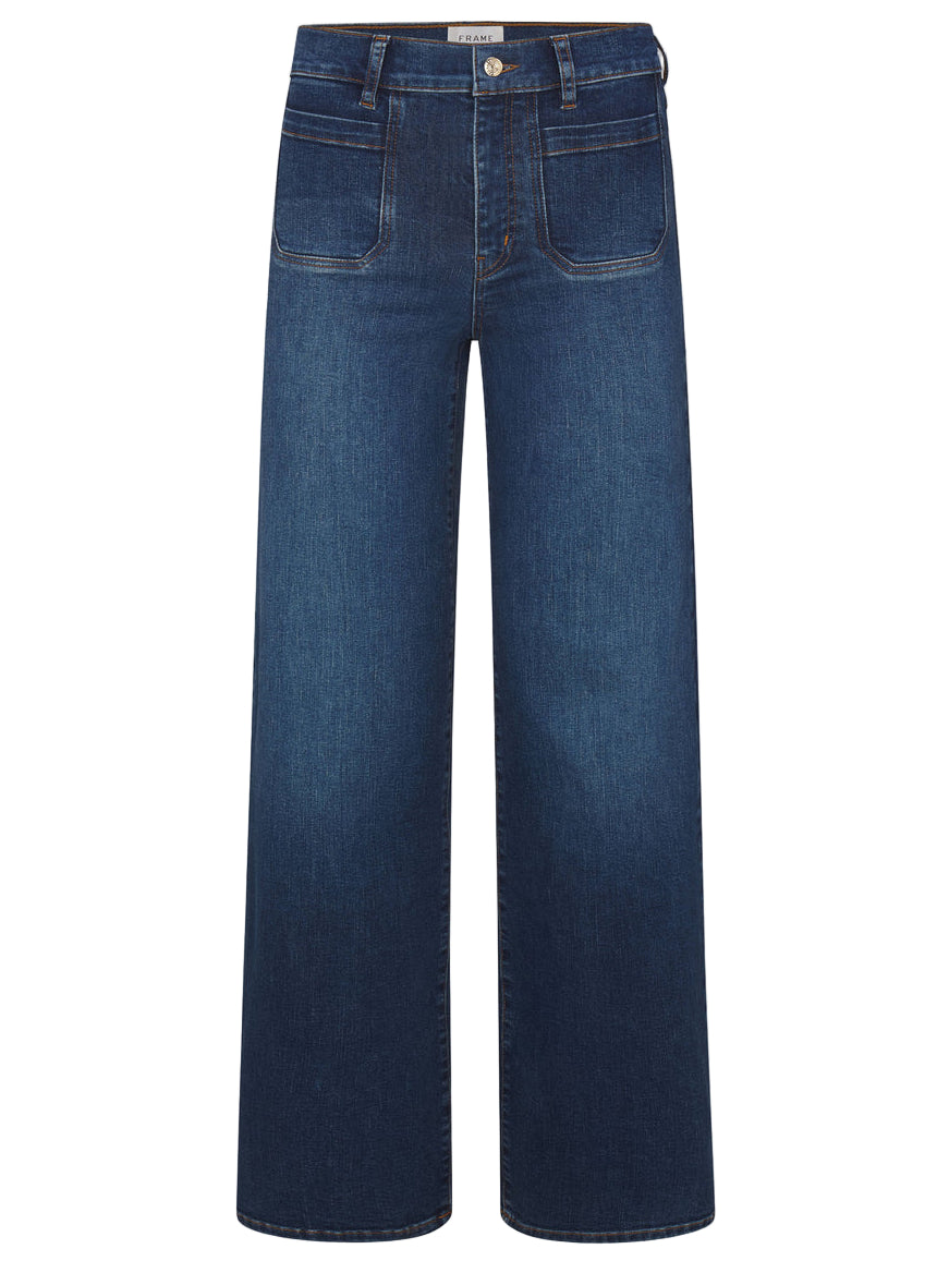 The Le Slim Palazzo Modernist Pocket by Frame are dark blue high rise wide-leg jeans made from sustainable cotton, featuring front pockets and a button closure, shown against a white background.
