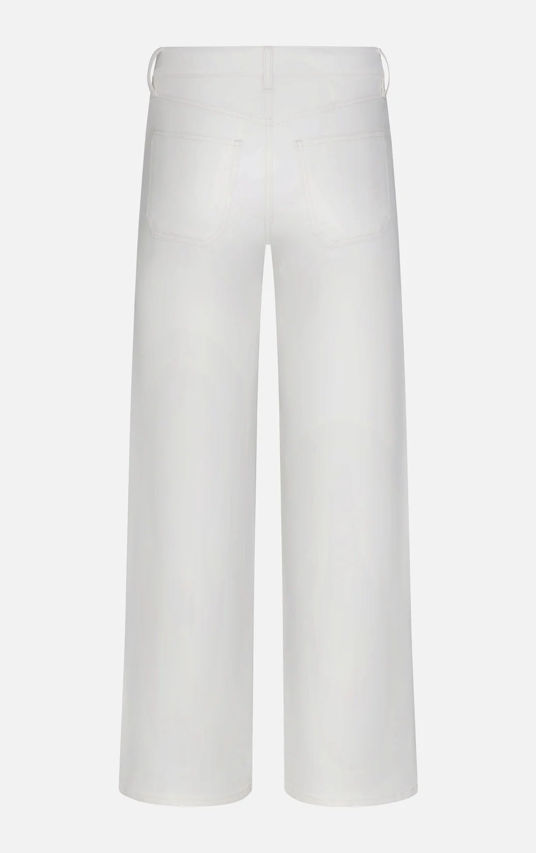 Back view of the Le Slim Palazzo Pintuck Pocket jeans by Frame in white, showcasing a wide-leg, cropped silhouette with utility-inspired pockets and two classic rear pockets against a plain background.