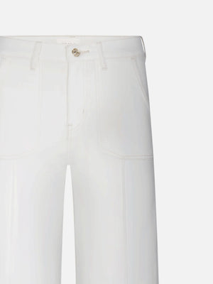 Close-up of the Le Slim Palazzo Pintuck Pocket by Frame, featuring high-waisted white pants with utility-inspired pockets, belt loops, and a button closure, showcasing a high-rise silhouette against a plain background.
