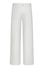Le Slim Palazzo Pintuck Pocket pants by Frame, shown against a plain background, are white high-rise wide-leg cropped trousers featuring front seams, a button and zip closure, and two utility-inspired side pockets.